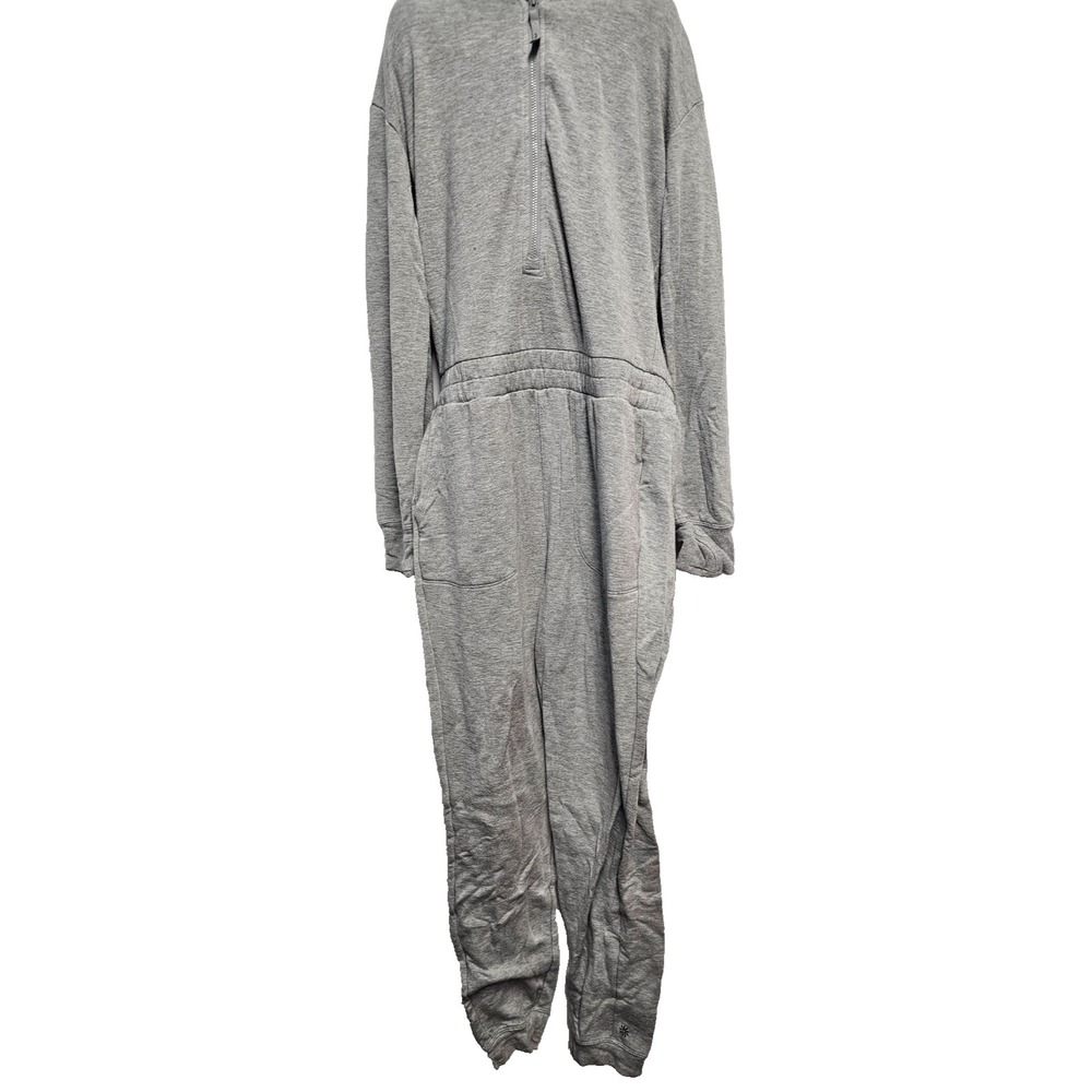 Athleta Girl gray one piece hooded jumpsuit 14 zipper thumb holes pockets